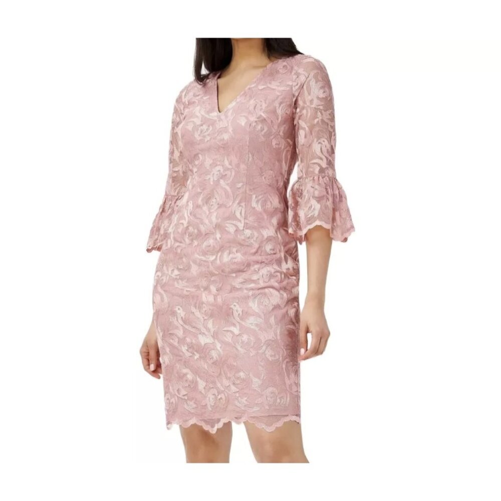 Adrianna Papell Women's Dress Size 8 V-Neck Bell Sleeves Embroidered Pink (63)